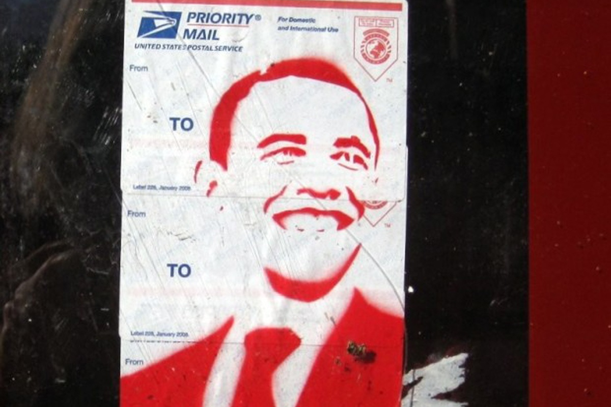 President Obama on a Postal Service Label Tag, Austin, Texas sticker  graffiti 2014  obey artist home new street art sticker video  nyc free  vinyl  shipping graffiti  link  screen urban